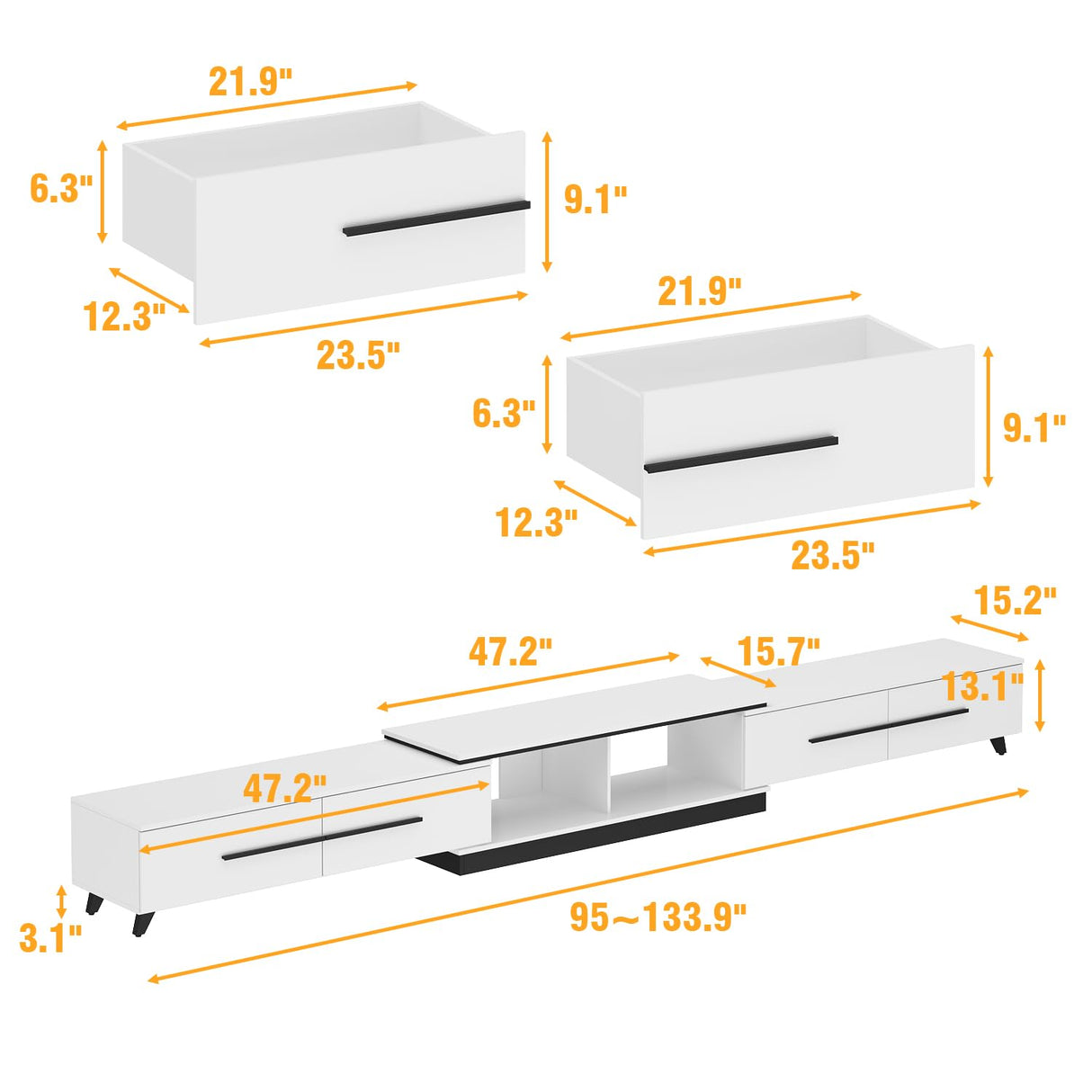Homsee Extendable TV Stand for TVs up to 75", Modern TV Cabinet & Entertainment Center with Shelves & Drawers, Media Console Table for Living Room, Bedroom, White (95" L x 15.7" D x 13.18" H) Homsee