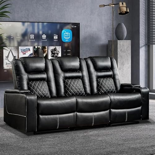 CANMOV Home Theater Seating Seats, Theater Recliner Chair Sofa, PU Leather 3 seat Power Recliner Sofa with Cup Holders, Hidden Arm Storage, USB Ports,Black