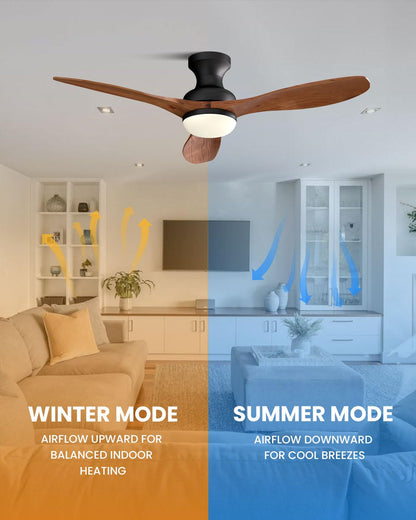 Frstem Leah 52" Flush Mount Solid Wood Ceiling Fan with Light & Remote Control, Low Profile/3 Blades/6-speed/Timer/3 CCT/Quiet DC Motor Ceiling Fan Light Fixture, for Kitchen Bedroom Living Room