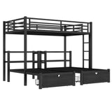 RuiSiSi Metal Triple Bunk Bed with Storage Drawers, Full XL Over Twin & Twin Bunk Beds, Multi-Functional Bunk Bed with Shelving & USB, Black RuiSiSi