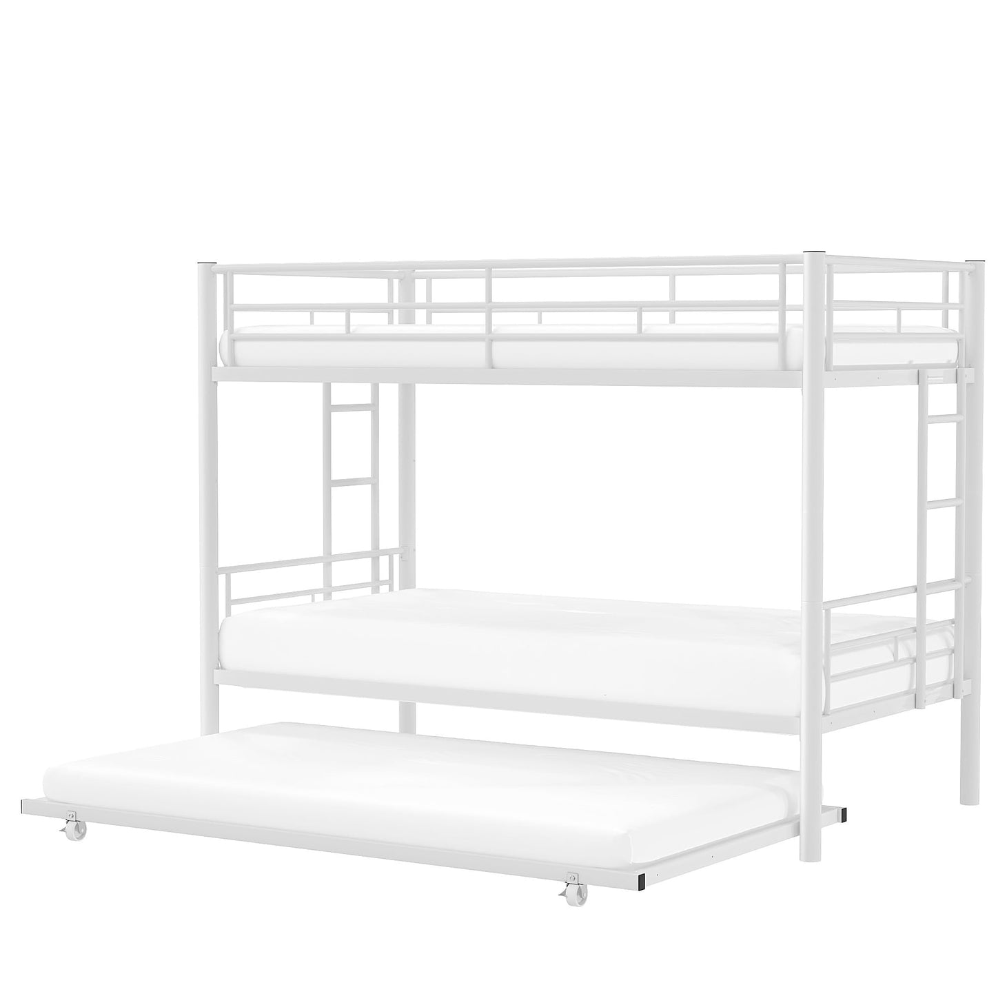 VECELO Twin Over Twin Bunk Bed with Trundle, Convertible Metal Bunkbeds with 2 Ladders and Guardrails, Space Saving, No Box Spring, White