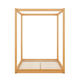 Modern Queen Size 4-Poster Canopy Bed Frame in Natural Wood Finish MWrouqfur
