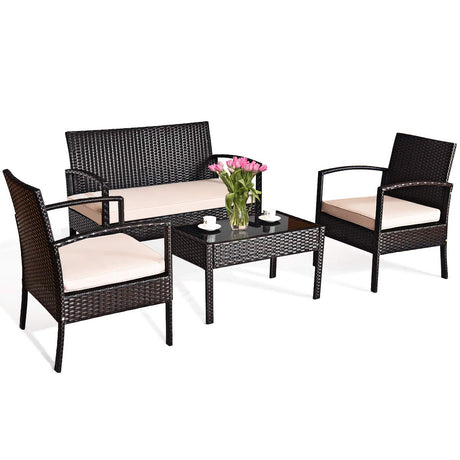 COSTWAY 4 PCS Patio Rattan Conversation Furniture Set Cushioned Seat Glass Tabletop COSTWAY