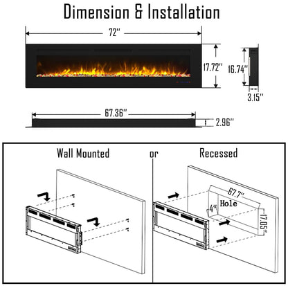 Cheerway 72 inch Ultra-Thin Electric Fireplace Heater, Wall Mounted & Recessed Electric Fireplace Insert, Linear Fireplace w/Thermostat, 13×13 Flame Color, Remote & Touch Control w/Timer, 750W/1500W