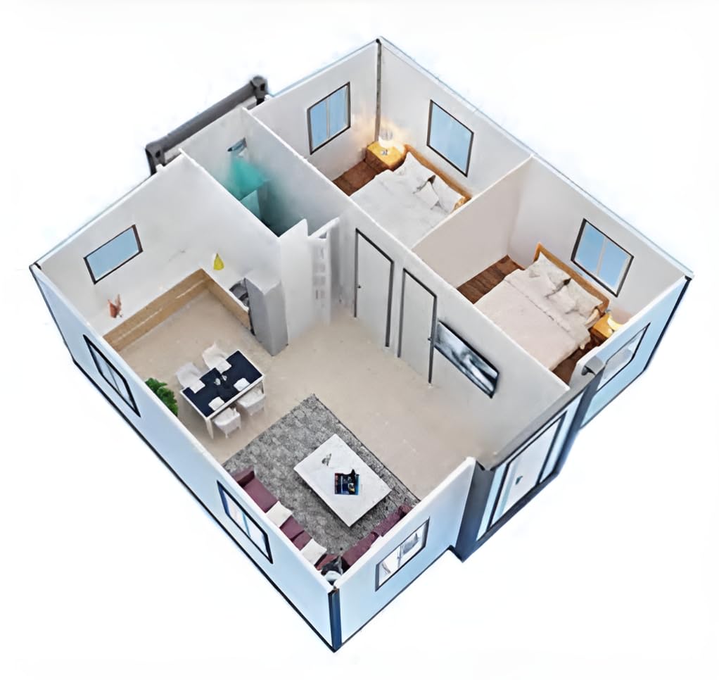 20ft House with Luxury Design, with 2 Bedroom, 1 Living room, 1 Full Equiped Bathroom and Kitchen,Prefabricated Container House for Adults Living, Foldable Mobile Home Easy Setup & Move.