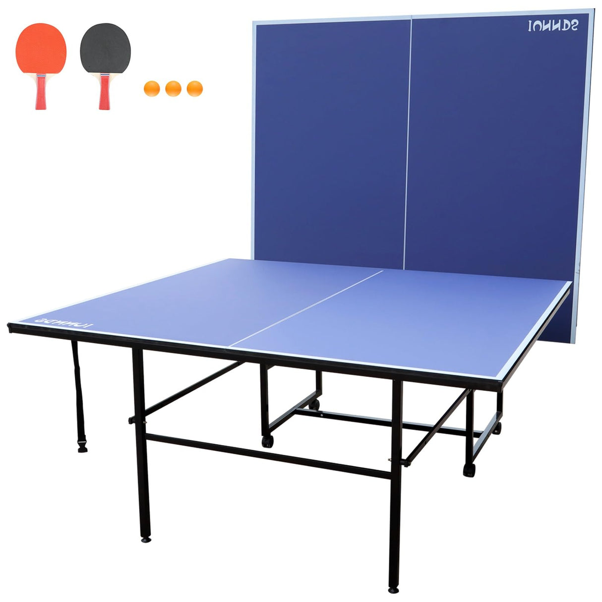 Table Tennis Table Mid-Size 9ft, Foldable Ping Pong Table Top Full Size with 2 Paddles, 2 Balls, 1 Net & 4 Wheels, Folding Table Tennis for Indoor & Outdoor, Quick Assembly to Support Multiplayer GYMFLEX