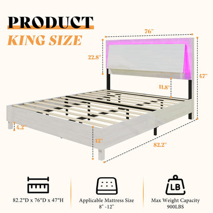 High Gloss White Woodgrain King Bed Frame with Floating Ergonomic Headboard and Smart RGBW LED Lights - WoodArtSupply