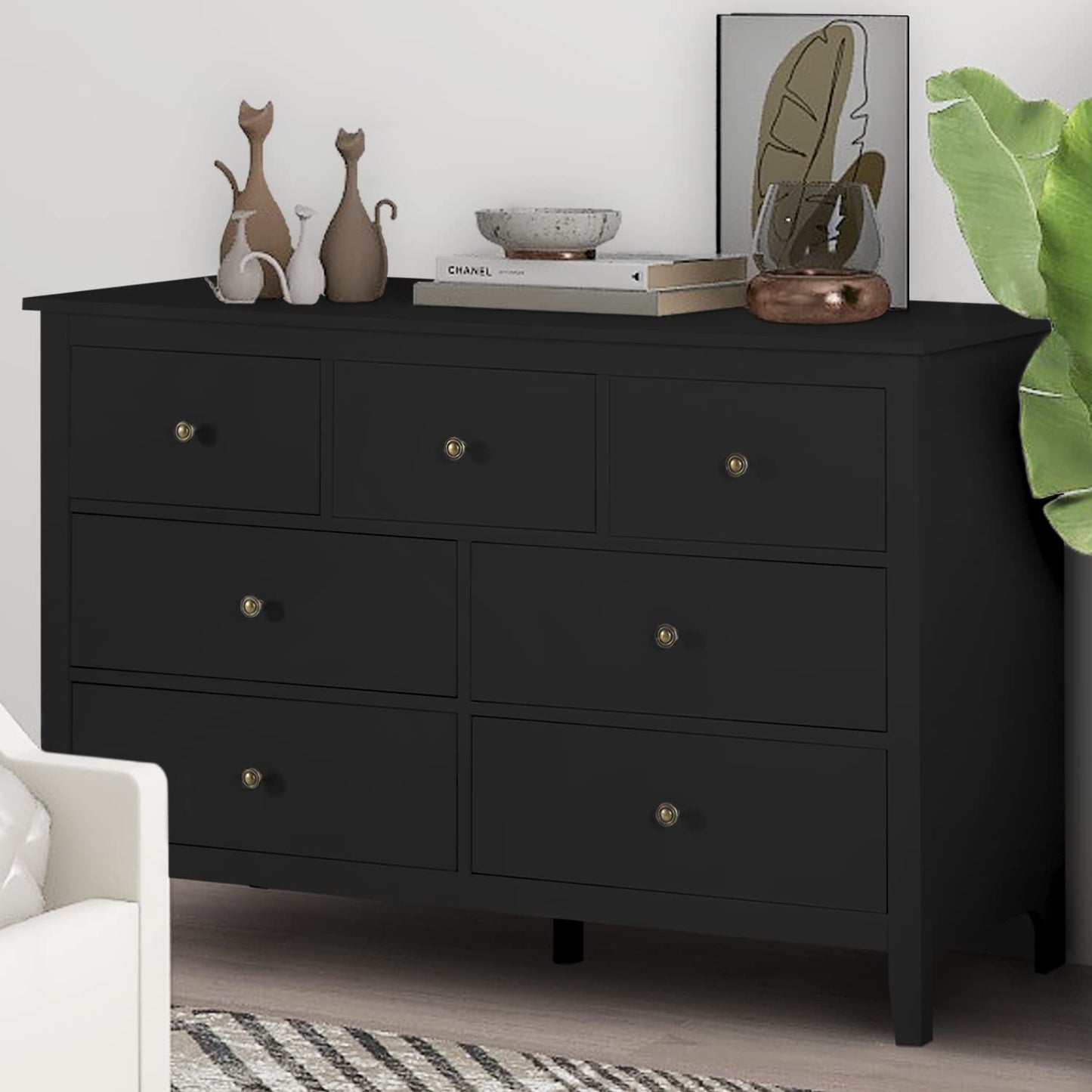 LTMEUTY Black Dresser for Bedroom - Modern Bedroom Dresser with 7 Drawers, Wooden Horizontal Dresser, Chest of Dresser