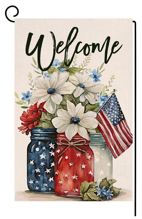 4th of July Floral Garden Flag 12x18 Vertical Double Sided Patriotic Mason Jar Flowers Red Blue Memorial Day Independence Day Holiday Outside Decorations Burlap Yard Flag BW321 BLKWHT
