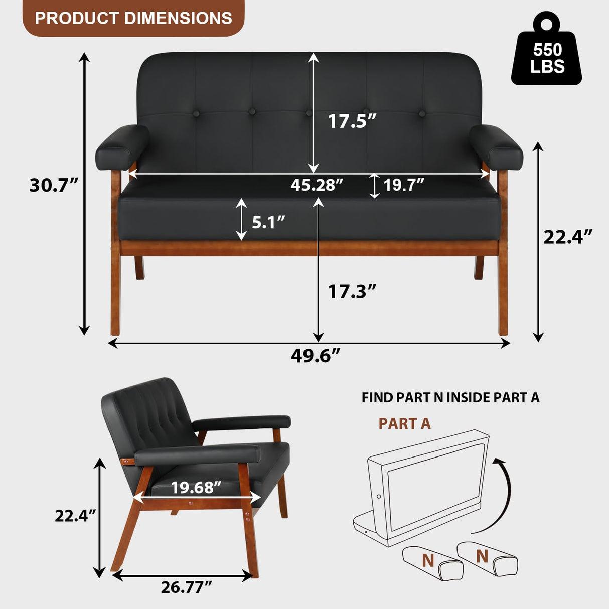 JIASTING 50” Black Leather Love Seat Sofa Couch, Mid Century Modern Small Office Loveseat Couch with Wood Arms, Two Seater Couches for Small Spaces, Living Room, Waiting Room, Bedroom (Black) JIASTING
