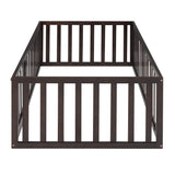 Harper & Bright Designs Twin Walnut Montessori Floor Bed with Fenced Design and Door for Kids Harper & Bright Designs