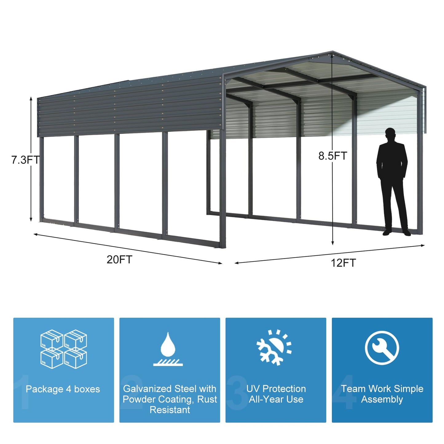 WELYAS 20×12 FT Heavy Duty Carport Canopy with Galvanized Steel Frame and Roof, All Metal Carport Garage, Car Shelter for Trucks, Boats, Tractors