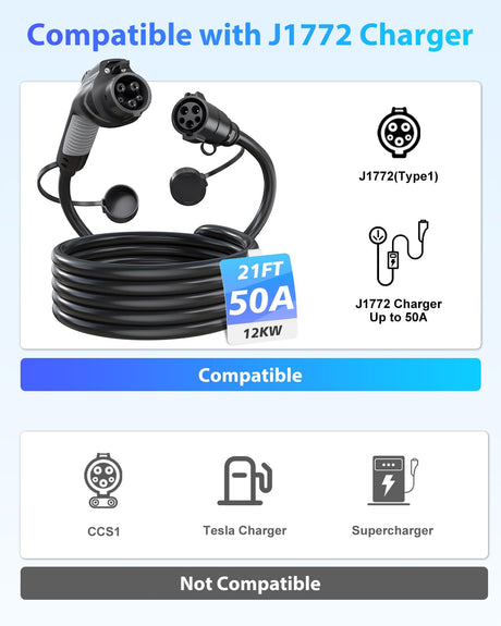 EVDANCE EV Charger Extension Cable, J1772 Extension Cable 50A 21FT Charging Cord for Electric Vehicle 110V-240V Compatible for All SAE J1772 Chargers (50A - 21FT) EVDANCE