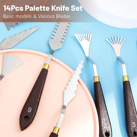 14Pcs Palette Knife Set, FHDUSRYO Stainless Steel Painting Knife, Painting Spatula Pallet Knives with Wood Handle, Oil Painting Accessories for Color Mixing, Oil, Canvas, Acrylic Painting FHDUSRYO