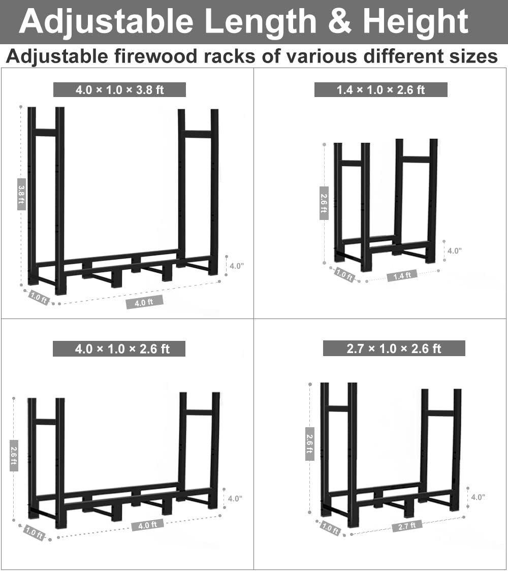 Khordin 4ft Firewood Rack Adjustable Heavy Duty Fire Wood Stand Holder for Outdoor Indoor Fireplace Log Storage, Metal Lumber Stacker Organizer, Black Khordin