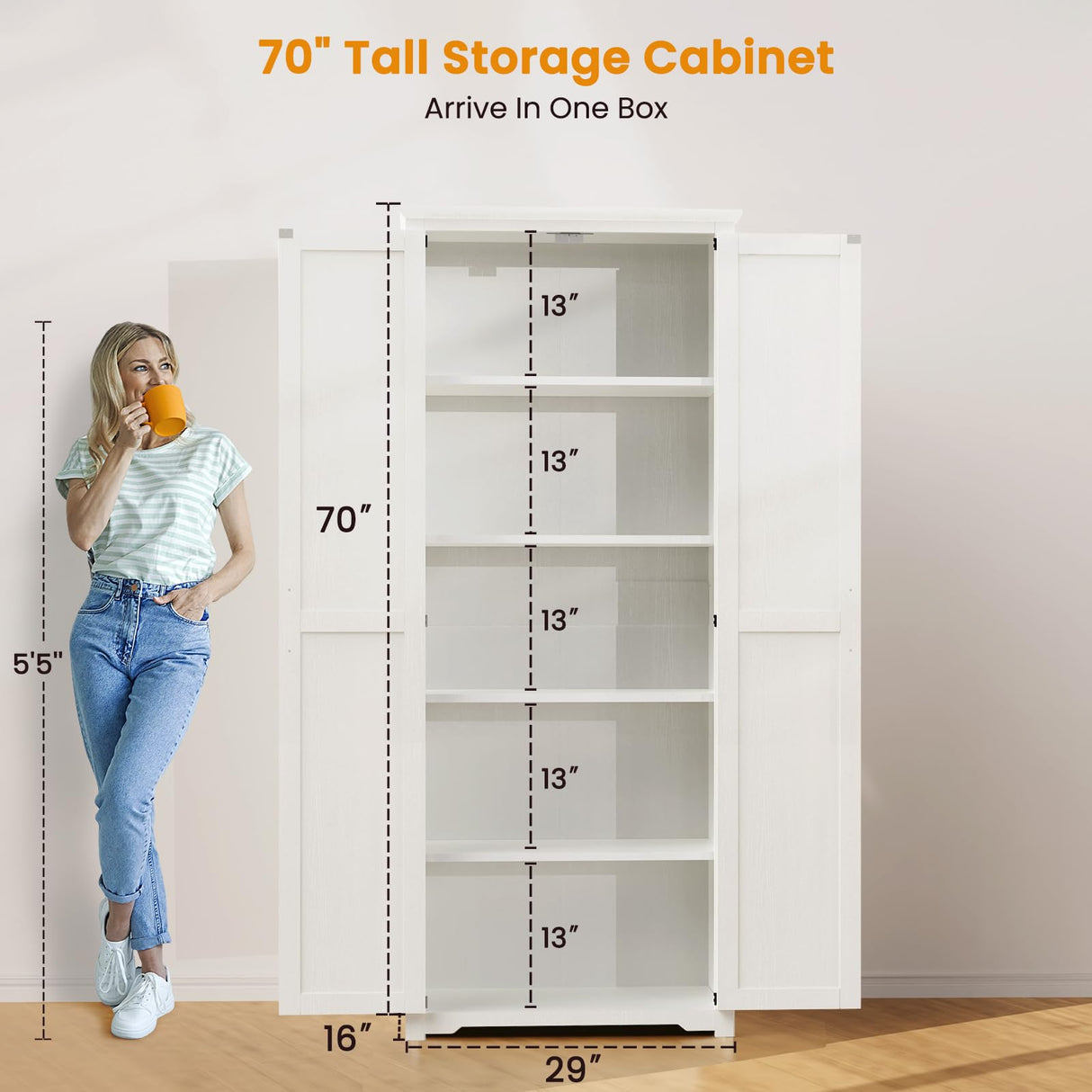 Teekyooly 70" Tall Kitchen Pantry, Farmhouse Storage Cabinet with 2 Barn Doors and 5 Adjustable Shelves, Rustic Wood Cupboard for Kitchen, Dining Room, Bathroom, Off White Teekyooly