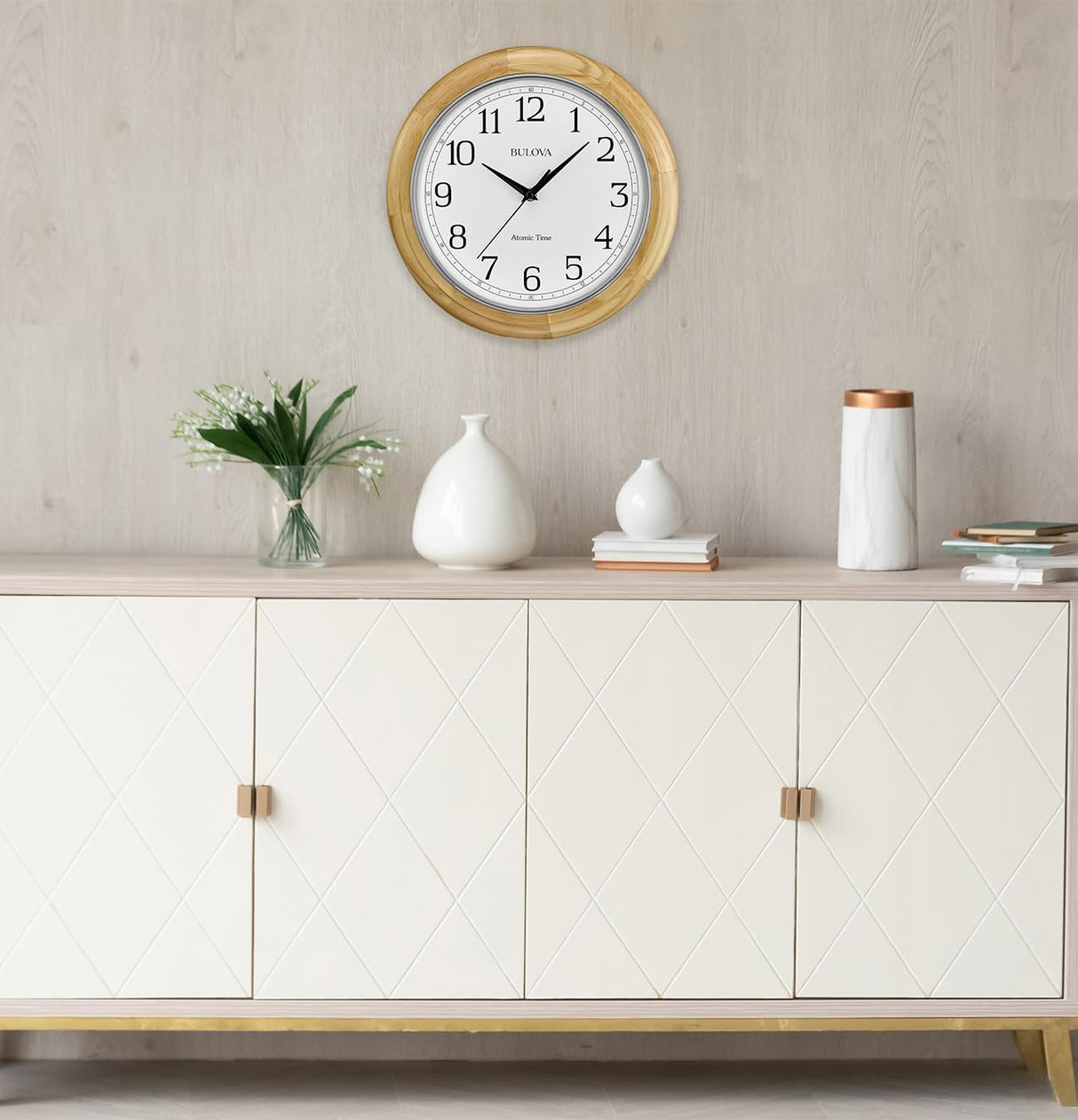 Bulova C5005 Wooden Atomic Analog Wall Clock | Automatically Sets Time | Large Roman Numerals | Battery Operated | Traditional Design Bulova