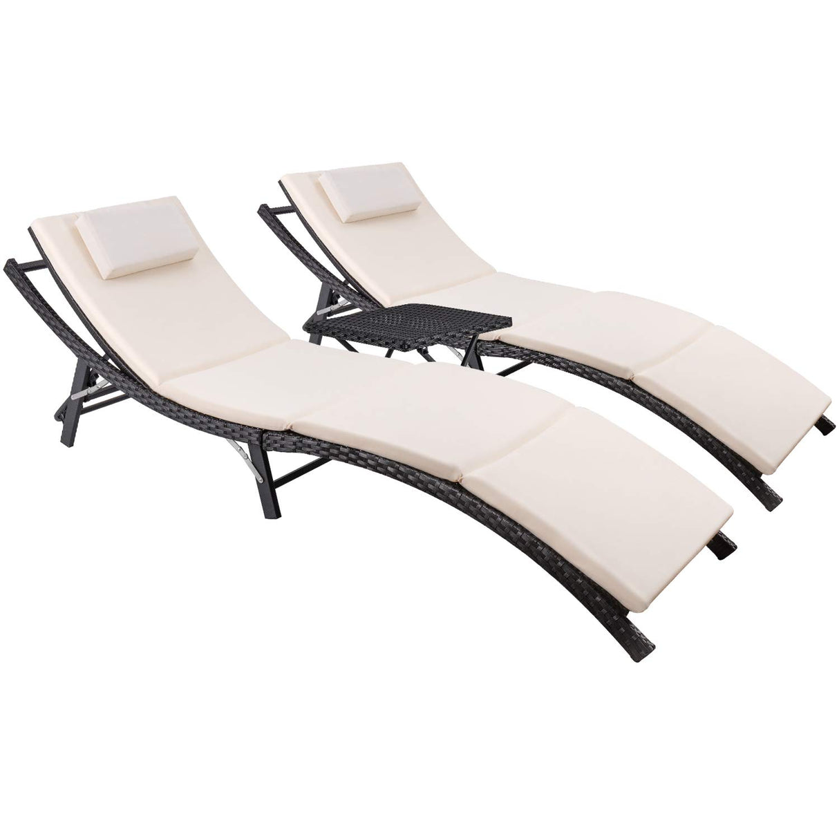 Devoko Patio Chaise Lounge Sets Outdoor Rattan Adjustable Back 3 Pieces Cushioned Patio Folding Chaise Lounge with Folding Table (Beige) Devoko