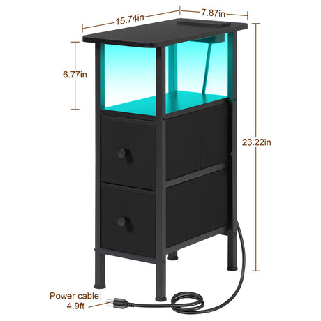 LOAKEKEL Narrow End Tables Living Room Set of 2 with Charging Station, Skinny Side Table with Fabric Drawers, Slim LED Nightstand for Bedroom, Small Spaces, Couch, Black, HETNDP02LBK LOAKEKEL