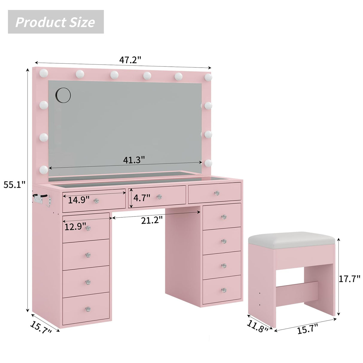 FUSOU Vanity Desk with Power Outlet, Makeup Vanity with Mirror and 12 LED Lights, 3 Lighting Modes, 11 Drawers Vanity Table with Chair, Glass Top, Vanity Set for Bedroom, Pink FUSOU