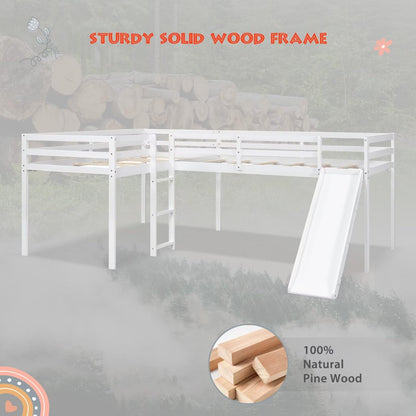 Merax Wooden Twin Size Double Loft Bed with Slide and Ladder, L-Shaped Bed Frame with Full-Length Guardrail, Wood Bedframe for Kids Teens Adults Bedroom, 2 Twin Beds,White