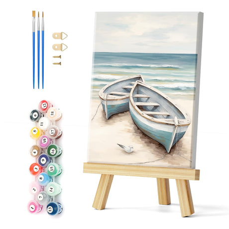 Natuyalo Paint by Numbers Kit with Framed - Boat on Beach Paint by Numbers for Adults Beginner Seascape DIY Acrylic Painting by Numbers Kit Colorful Paintworks Artwork, 12x16 Inch Natuyalo