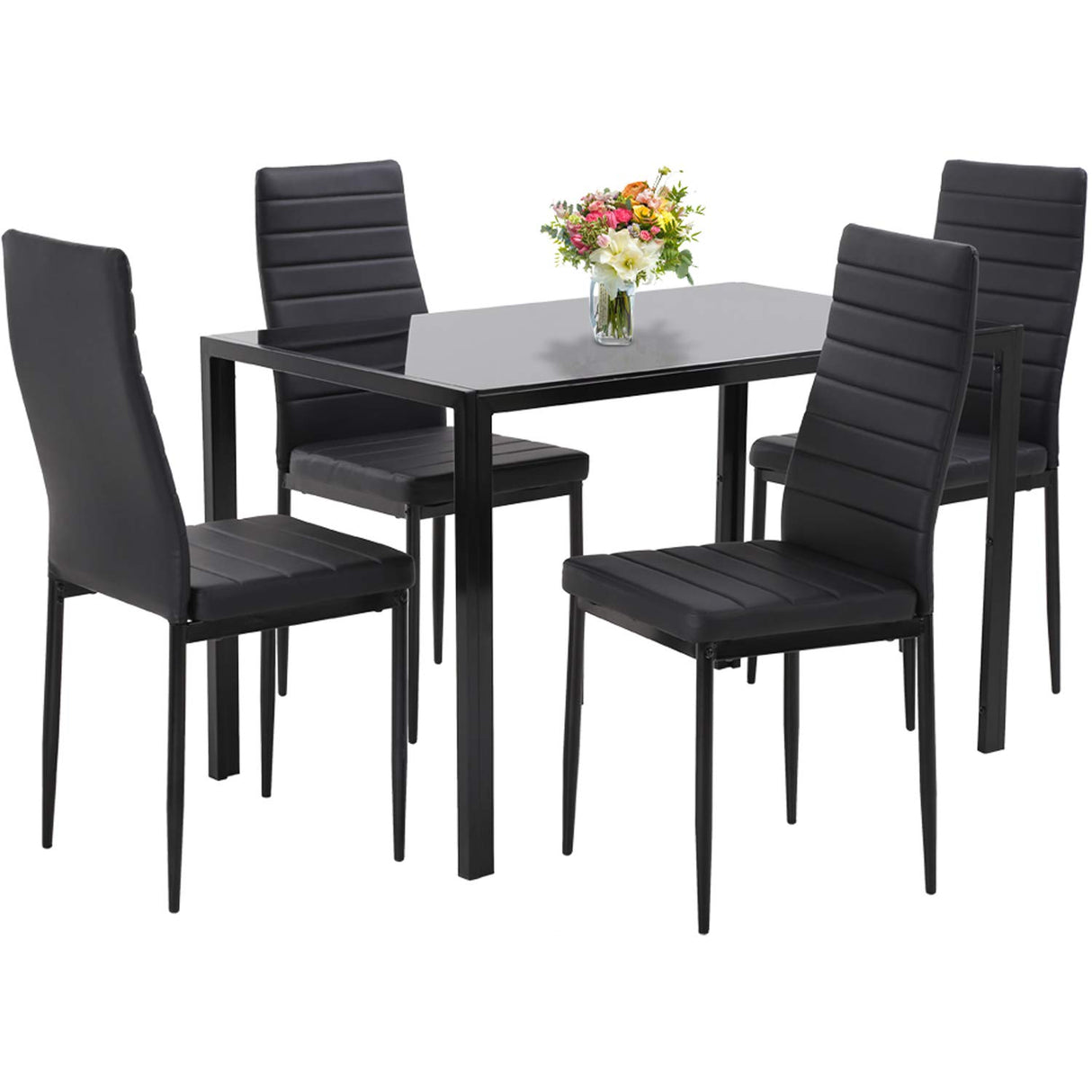 PayLessHere Dining Room Table Set 5-Piece Kitchen with 4 Faux Leather Metal Frame Chairs Rectangular Modern for Small Spaces w/Glass Tabletop Kitchen Table and Chairs, Black Glass PayLessHere