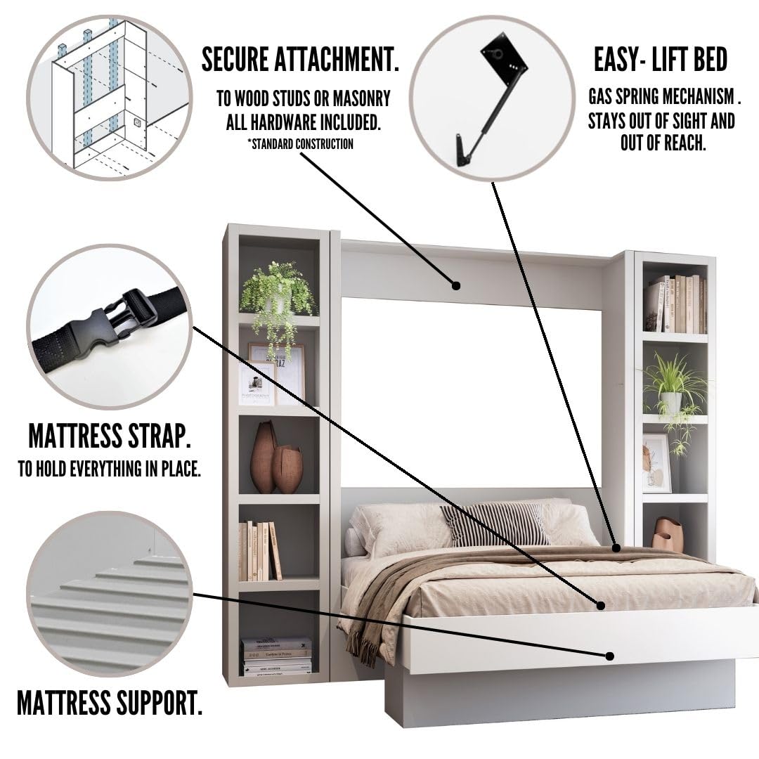 Oakland Living Easy-Lift Queen Murphy Wall Bed in White with Two Bookshelves Oakland Living