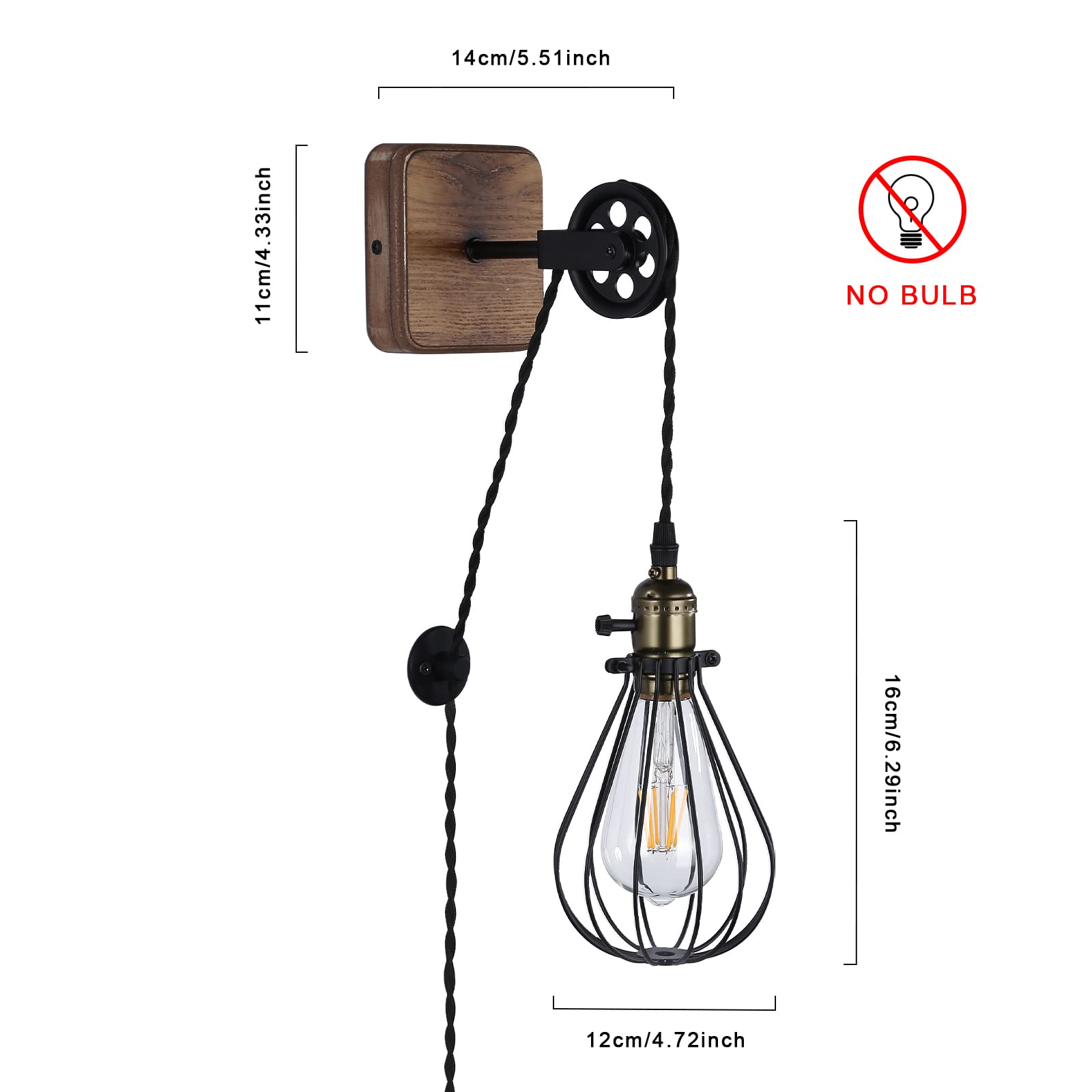 Industrial Farmhouse Plug in Wall Sconce with Wire Shade, Metal Wall Lamp Cage with Pulley Lift for Living Room Rustic Wood LED Wall Lamp with Switch Cord for Kids Bedroom, Reading Room(No E2 - WoodArtSupply