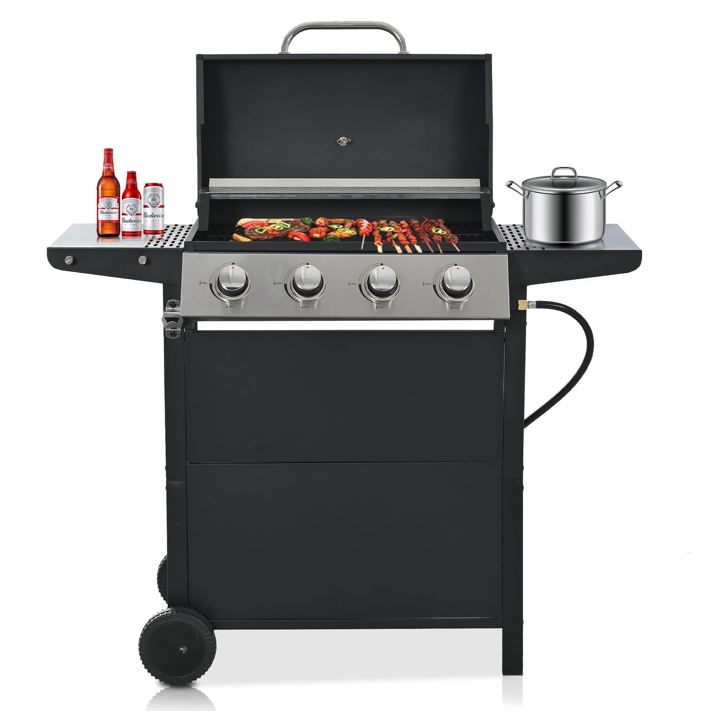 ARCLIS 4 Burner BBQ Gas Grill, Propane Grill with Side Shelves and Wheel Casters, 34,200 BTU Output Stainless Steel Outdoor Barbecue Cooking Grate for Kitchen and Patio Backyard