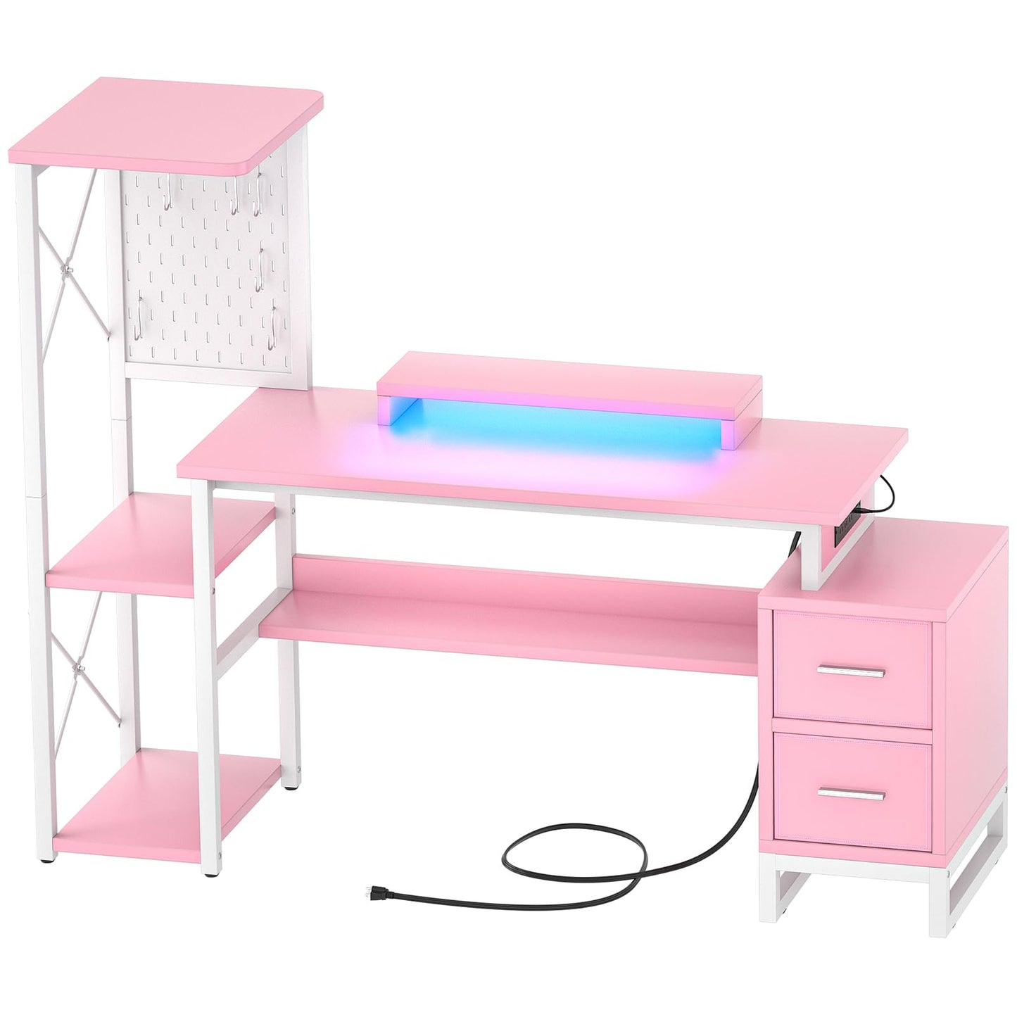 Computer Desk with 2 Fabric Drawers - Reversible Home Office Desk with Power Outlet & LED Lights, 53" Writing Desk with Monitor Stand & Storage Shelves, Gaming Desk Study Table with Pegboard, Pink