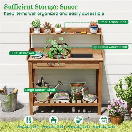 ARNOT Potting Bench,Outdoor Potting Bench Table with Sink and Storage Shelves, Wooden Garden Workstation for Gardening Tools, Planting, and Repotting – Natural Fir Wood (38" x 17" x 50") ARNOT