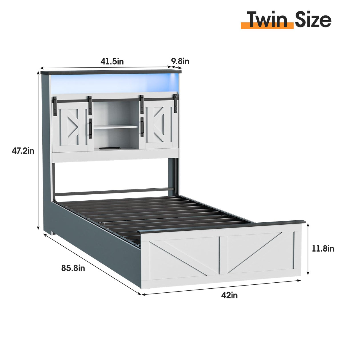 Fameill Farmhouse Twin Size Bed Frame with 4 Drawers and Bookcase Headboard, Sliding Barn Door Storage Shelves, LED Lights and Charging Station, No Box Spring Needed, Antique White Fameill