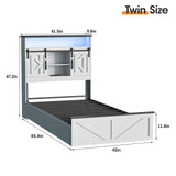 Fameill Farmhouse Twin Size Bed Frame with 4 Drawers and Bookcase Headboard, Sliding Barn Door Storage Shelves, LED Lights and Charging Station, No Box Spring Needed, Antique White Fameill