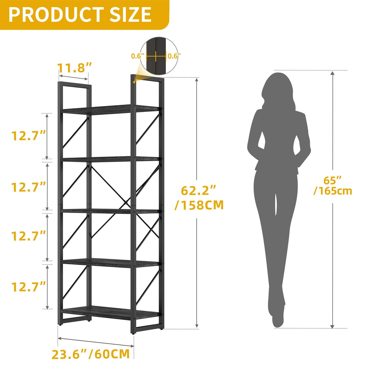 DWVO 5 Tier Bookshelf, Industrial Bookshelves Open Shelf Bookcase, Storage Shelves Organizer Display Rack for Bedroom,Living Room,Office,Kitchen, Charcoal Gray DWVO