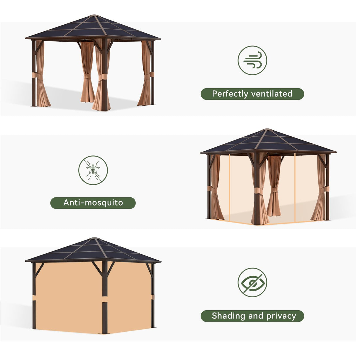 Aoxun 10' x 10' Gazebo Single Polycarbonate Top, Outdoor Polycarbonate Frame Permanent Pergolas with Curtains and Netting, for Patios, Parties, Backyards, Gardens and Lawns Aoxun