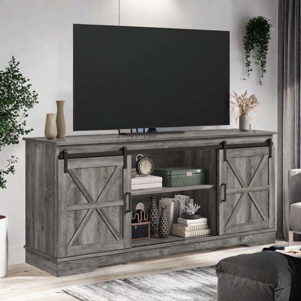 DWVO TV Stand for 65 Inch TV, Farmhouse Entertainment Center Media Console with Storage Cabinet and Sliding Barn Doors, Rustic TV Console Table for Living Room, 59'' Rustic Grey