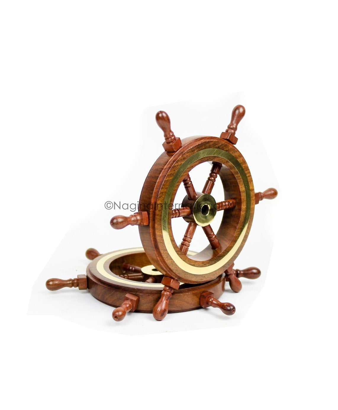 Nagina International 4" Small Rosewood Crafted Brass Ring Ship Wheel | Pirate's Adult Nautical Decor Steering Wheel | Maritime Nursery Decor Nagina International