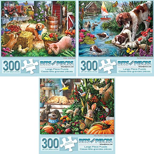 Bits and Pieces Set of 3 Jigsaw Puzzles 300 Pieces, Cute Puppies Collection Bits and Pieces