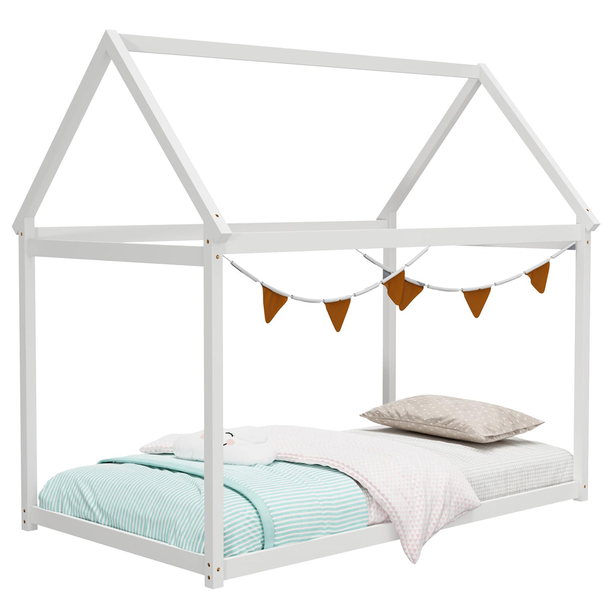 Giantex White Twin House Bed Frame with Canopy – Montessori-Inspired Low Floor Bed for Kids Giantex