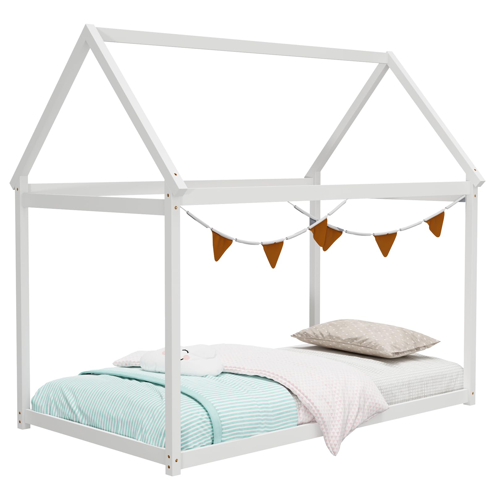 Giantex White Twin House Bed Frame with Canopy – Montessori-Inspired Low Floor Bed for Kids - WoodArtSupply