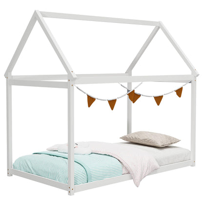 Giantex White Twin House Bed Frame with Canopy – Montessori-Inspired Low Floor Bed for Kids - WoodArtSupply