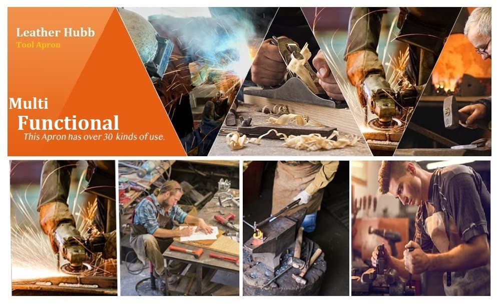 Leather Hubb 8-Pocket Leather Tool Apron Electrician Apron, Carpenter Apron, Tool Pouch, Apron for Welding, Blacksmith, Woodworking, BBQ Apron | Heat & Flame Resistant | Adjustable 33” to 54” Leather Hubb