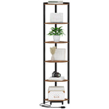 Hzuaneri Corner Shelf with LED Light, 6-Tier Corner Bookshelf, Tall Narrow Display Bookcase with Metal Frame, Standing Shelf for Small Space, Living Room, Home Office, Bedroom, Rustic Brown CS66601B Hzuaneri