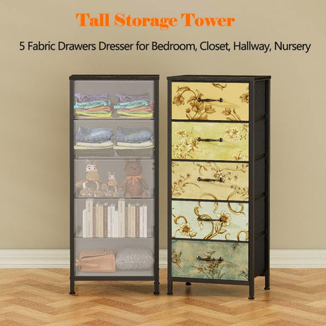 Furnulem Vertical Dresser for Bedroom, Tall Skinny Storage Tower with 5 Fabric Drawers, Chest of Drawers for Living Room, Dorm, Entryway, Vintage Furniture, Wood Top Furnulem