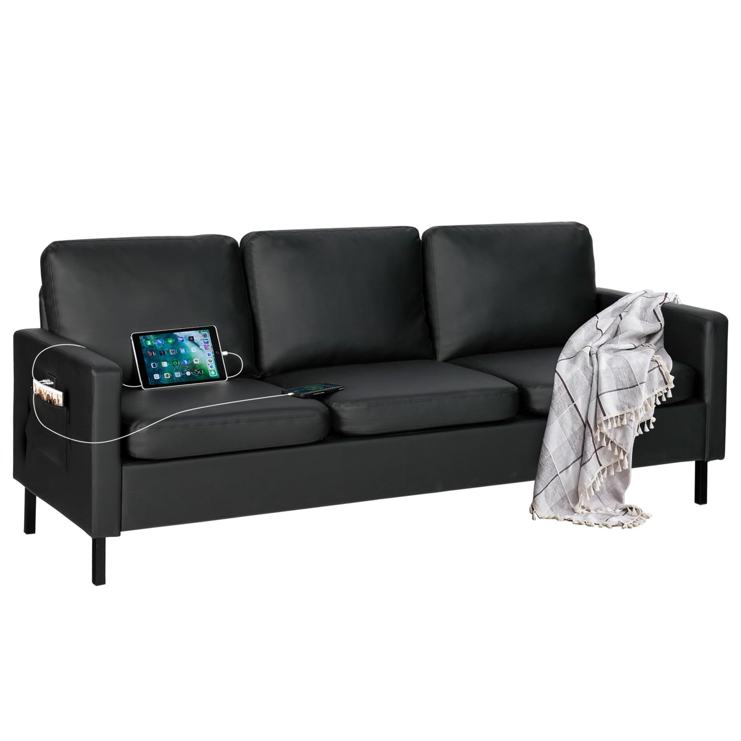 STHOUYN 72" W Faux Leather Black Sofa 3 Seat Couch, Modern Comfy Couch with 2 USB, Small Couches for Living Room Apartment Bedroom Small Spaces, Office Couch (Black (Sofa))