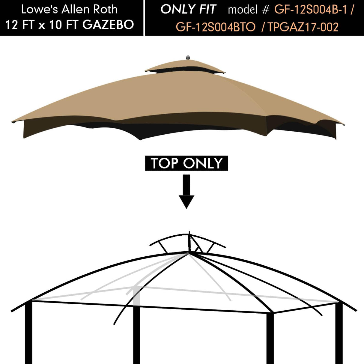 ontheway Replacement Canopy Top for Lowe's Allen Roth 10X12ft Gazebo #GF-12S004B-1 (Khaki) ontheway