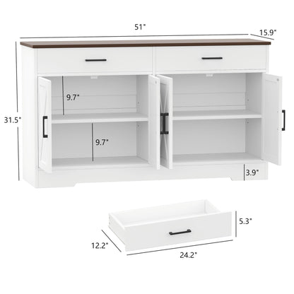 Rovaurx Farmhouse Sideboard Buffet Cabinet with Storage, Kitchen Storage Cabinet with 2 Drawers & 4 Barn Doors, Wooden Coffee Bar Cabinet Console Table for Kitchen, Dining Room, White KBG003W - WoodArtSupply