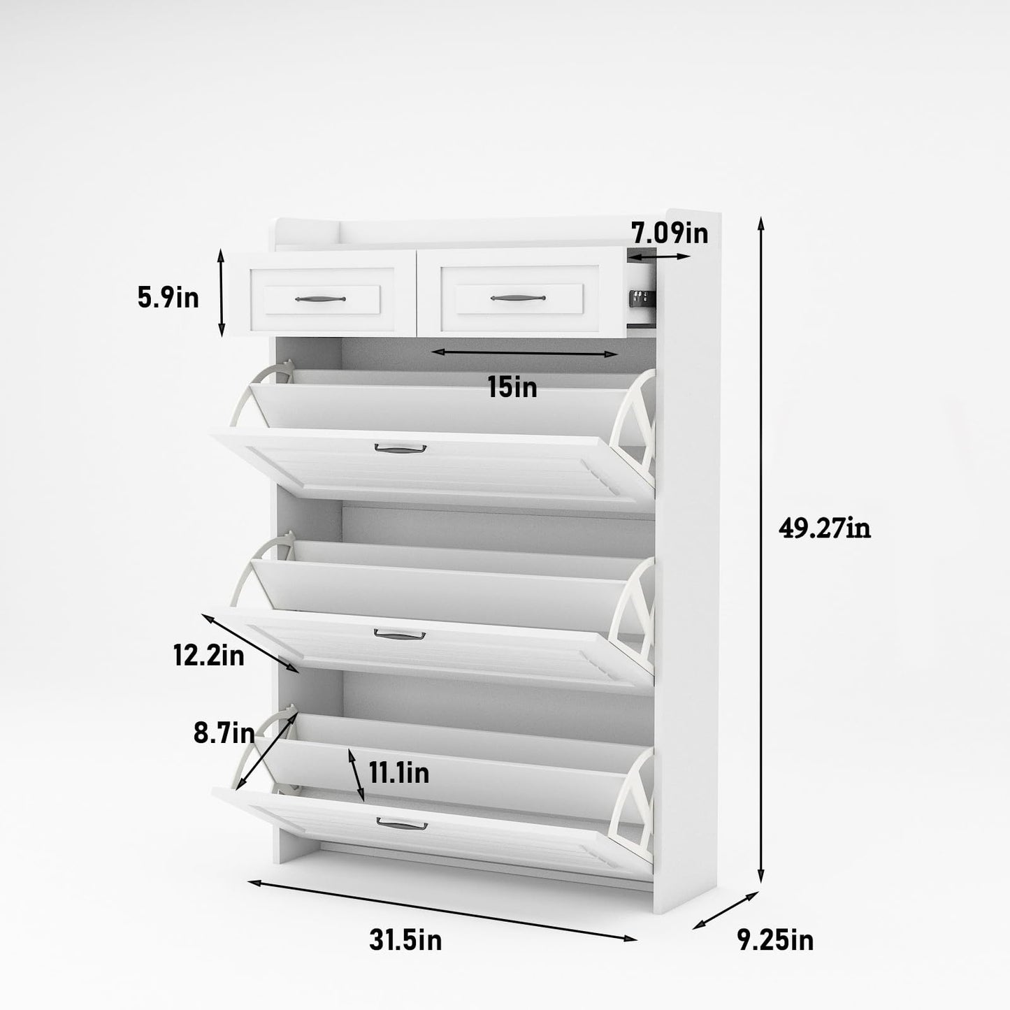 HANLIVES Hidden Shoe Cabinet for Entryway, Narrow Shoe Storage Organizer with 3 Doors 2 Drawers,4 Tier Wood Entry Shoe Cabinet,White Flip Down Shoe Rack for Hallway,Apartment - WoodArtSupply