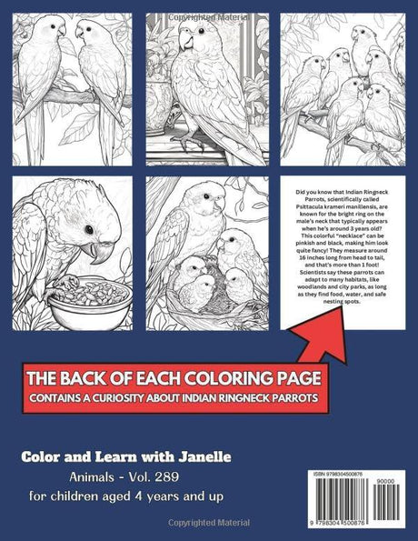 50 Indian Ringneck Parrots Coloring Pages Book for Kids and Adults: +50 Incredible Facts. Coloring Book for Children and Grown-Ups. Color and Learn with Janelle - Animals - Vol. 289 Majosta